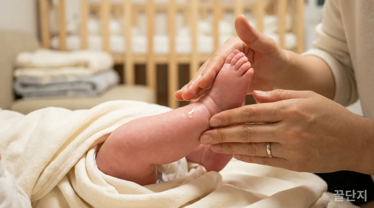 한국인 부모가 아기 발을 부드럽게 마사지해주는 손길