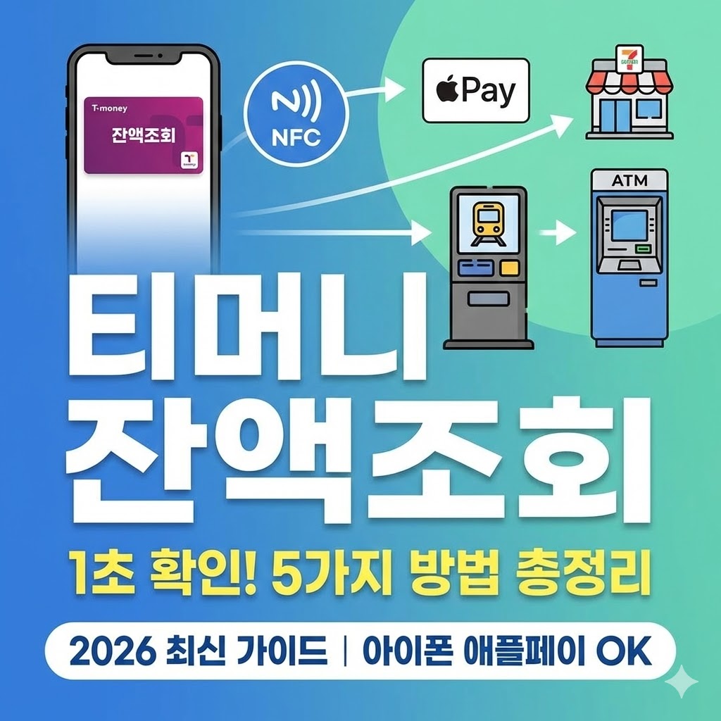 아이폰 지갑 앱의 애플페이 티머니 잔액 표시 화면과 안드로이드 NFC 태깅 방식, 그리고 편의점 및 지하철 무인기기를 포함한 2026년 티머니 잔액 확인 5가지 경로 비교 인포그래픽 이미지