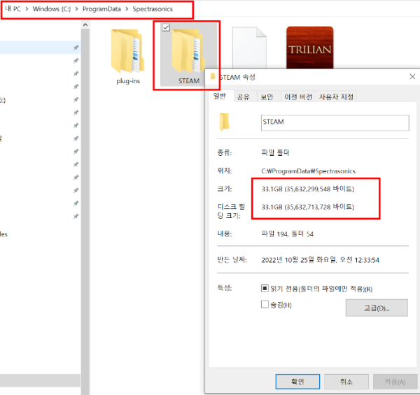 C 드라이브에 설치된 Bass 가상악기&#44; TRILIAN 용량 및 Spectrasonics STEAM 폴더