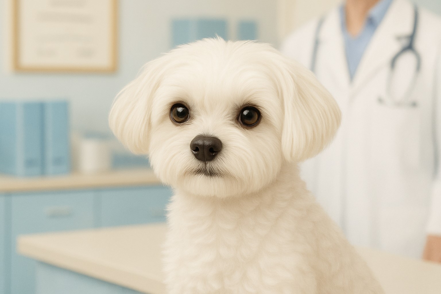 동물병원 진료실 배경에서 보호자 상담을 기다리는 화이트 말티즈, 병원 장비와 수의사가 부드럽게 보이는 장면