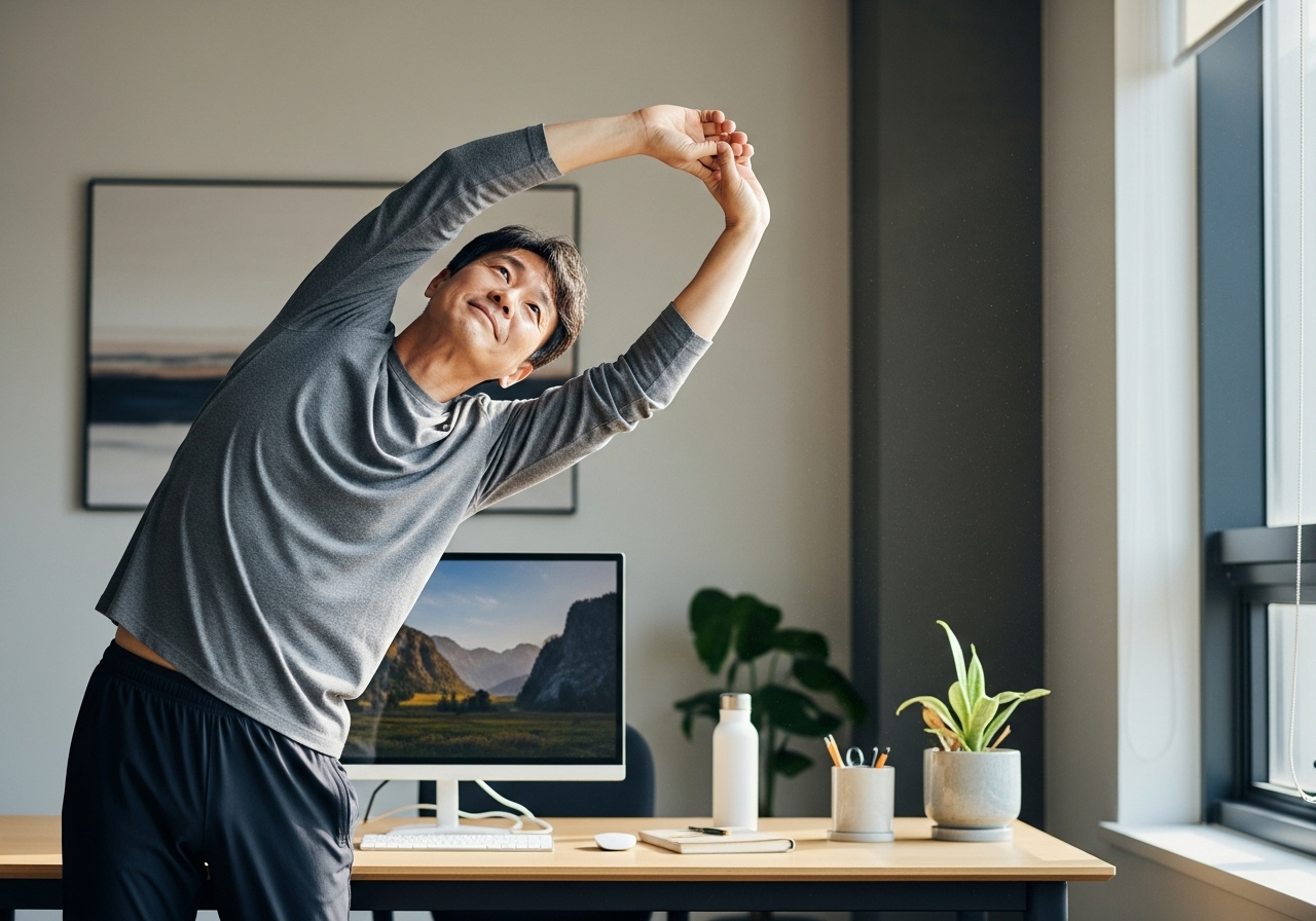 50대 한국인 남성이 휴식 스트레칭하는 모습