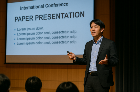 연구 성과를 발표하는 모습입니다.