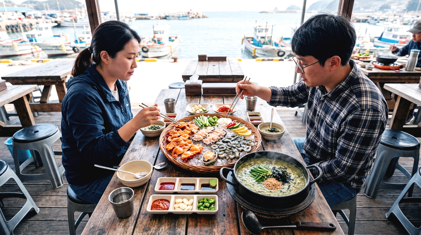 기장 연화리 야외 천막 식당에서 해산물 모듬과 전복죽을 먹으려는 한국인들의 모습
