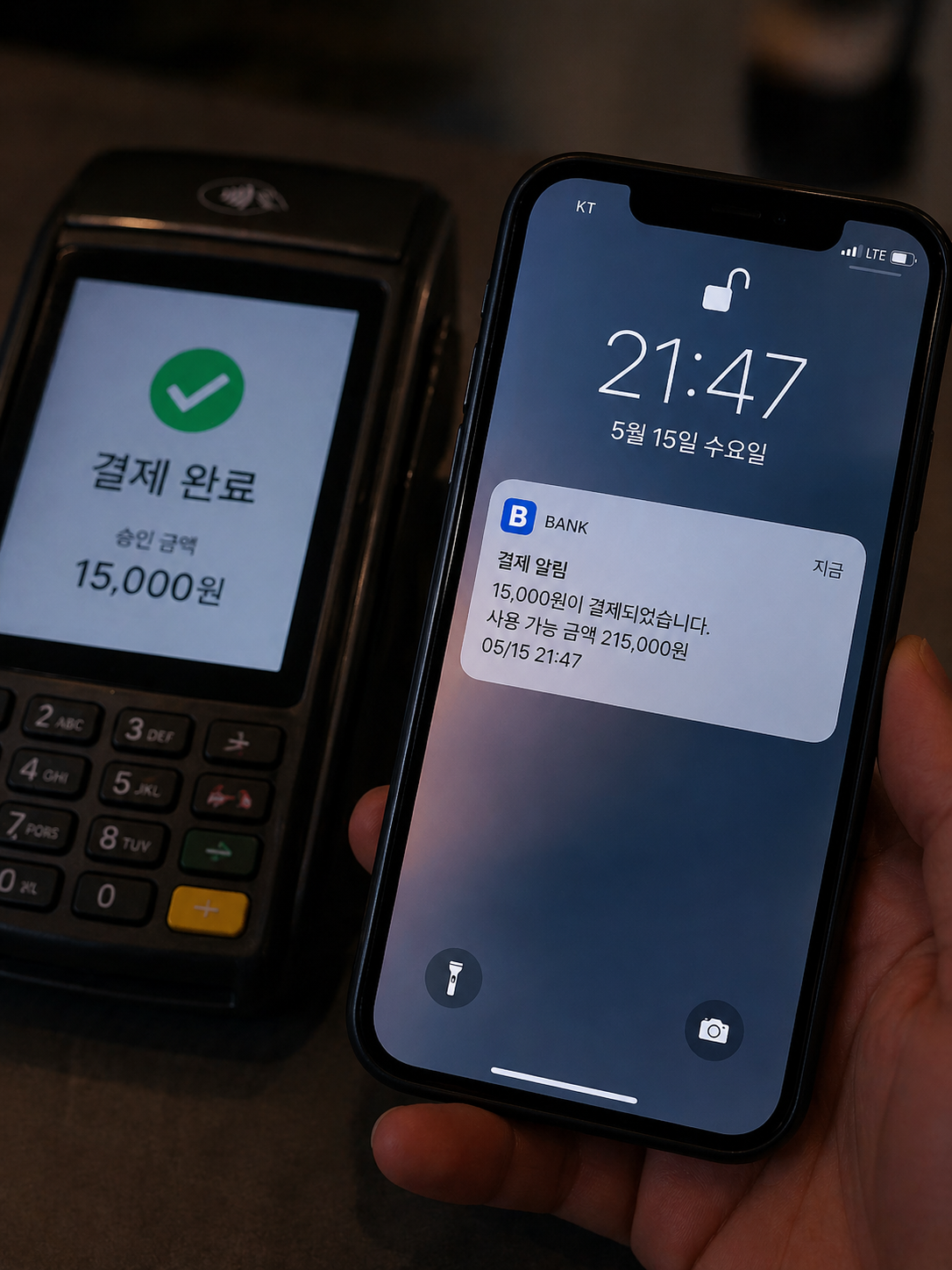 카드 결제 완료 화면과 스마트폰 결제 알림을 통해 금액이 사용 가능한 상태로 표시된 장면