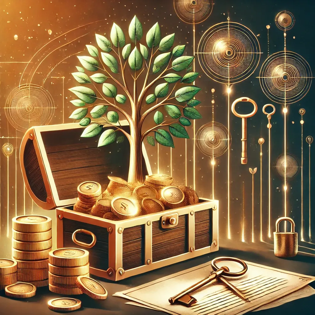 보물상자와 가족 나무를 활용해 상속과 전통을 표현한 이미지