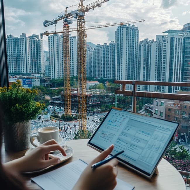 부동산 세미나 발표 장면과 그래프 스크린 실사 이미지