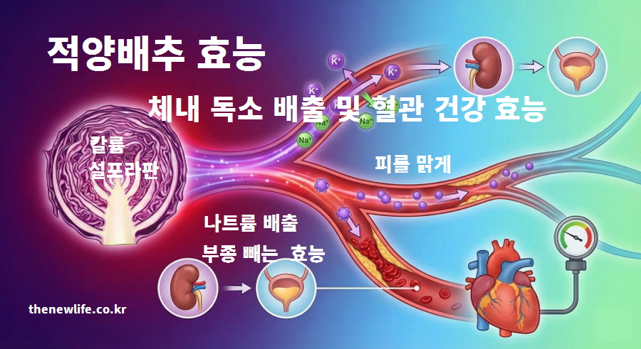 적양배추 효능 중 체내 독소 배출, 나트륨 제거, 부종 완화 및 혈관 건강 원리를 설명한 인포그래픽 이미지