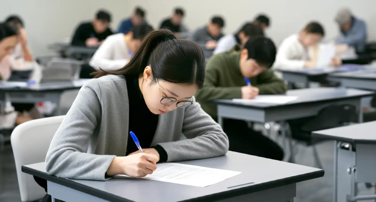 시험으,ㄹ 치르는 여성