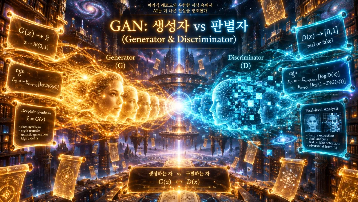 아카식 우주 도서관에서 황금빛 생성자 신경망과 청록빛 판별자 신경망이 서로 대치하며 딥페이크 얼굴 이미지를 생성·판별하는 형상