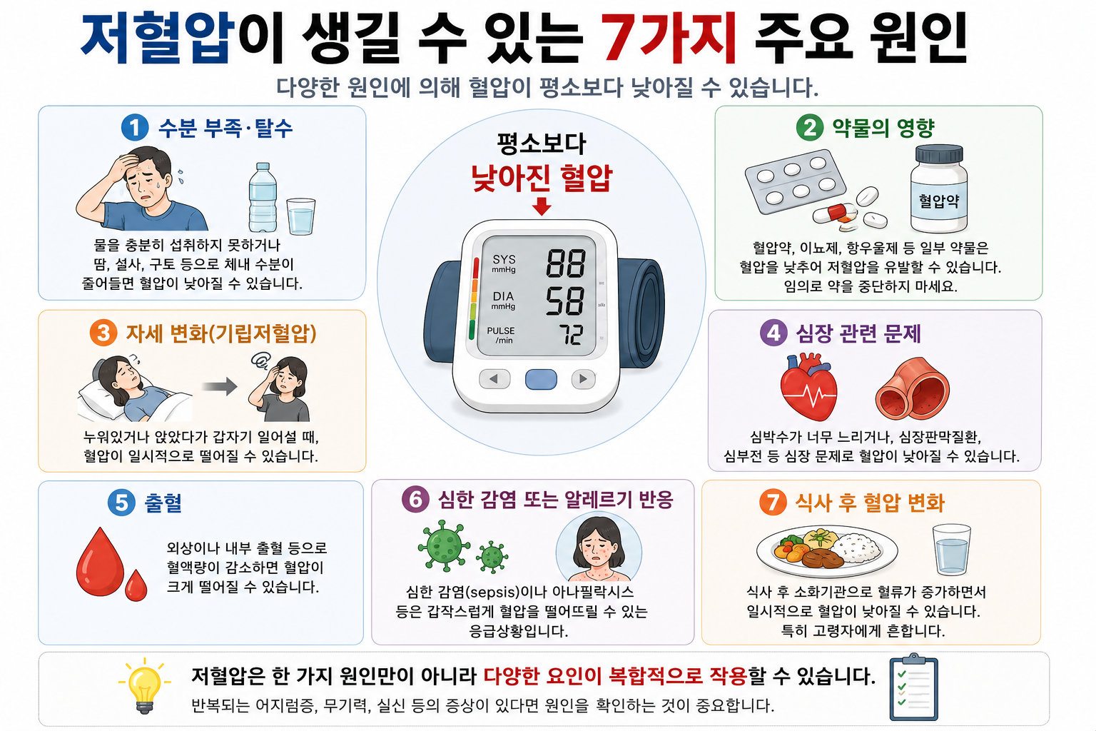 탈수와 약물 등 저혈압 원인을 비교한 그림