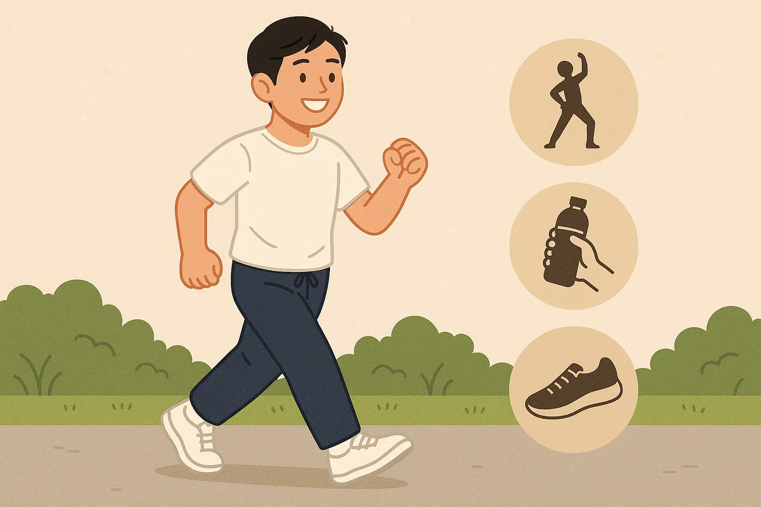 밝은 표정으로 걷기 운동을 하는 사람 — 스트레칭, 물 마시기, 편안한 신발