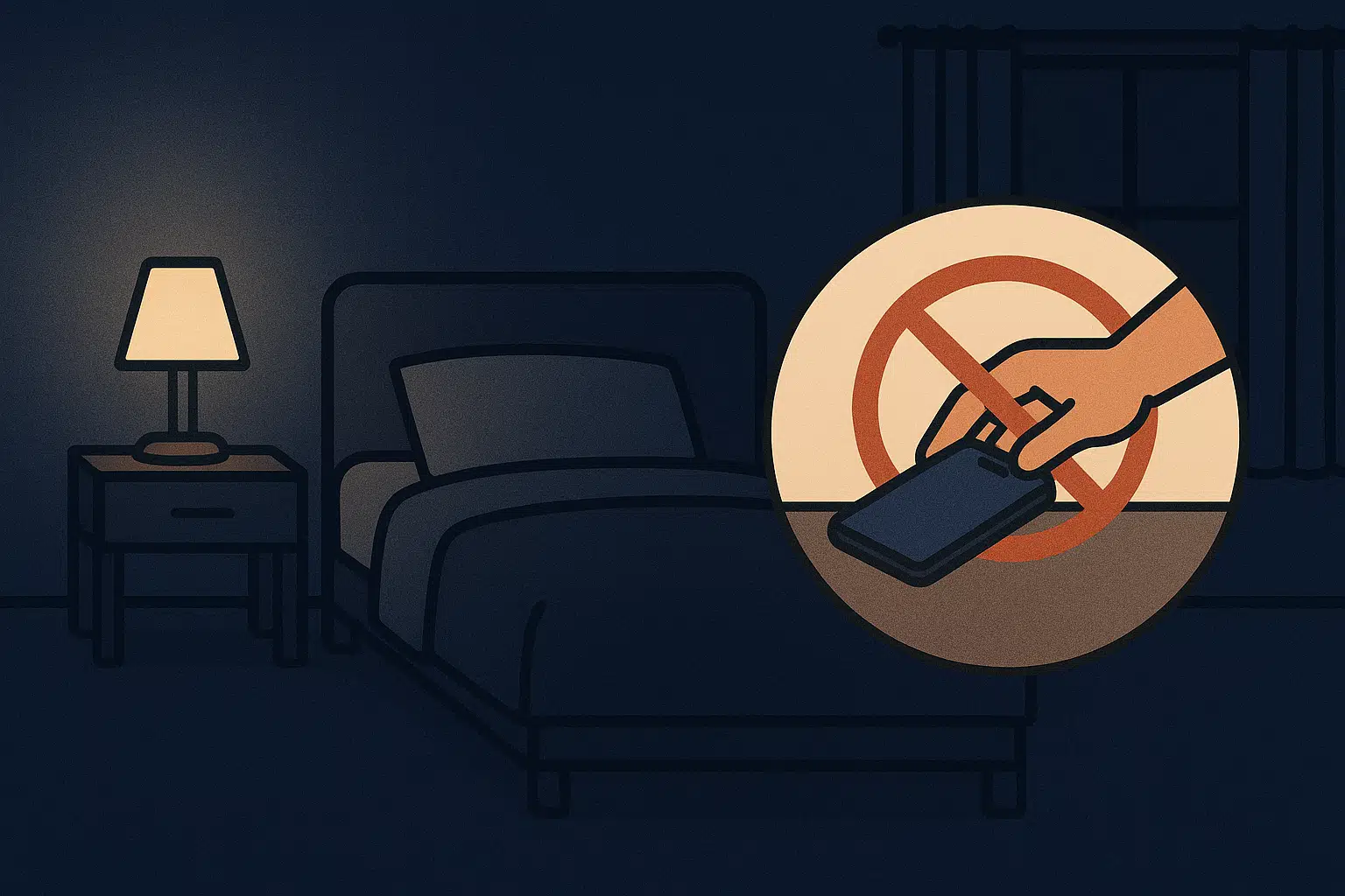 어둡고 조용한 침실, 커튼이 닫힌 창문, 간접조명, 침대에서 스마트폰을 멀리 두는 모습