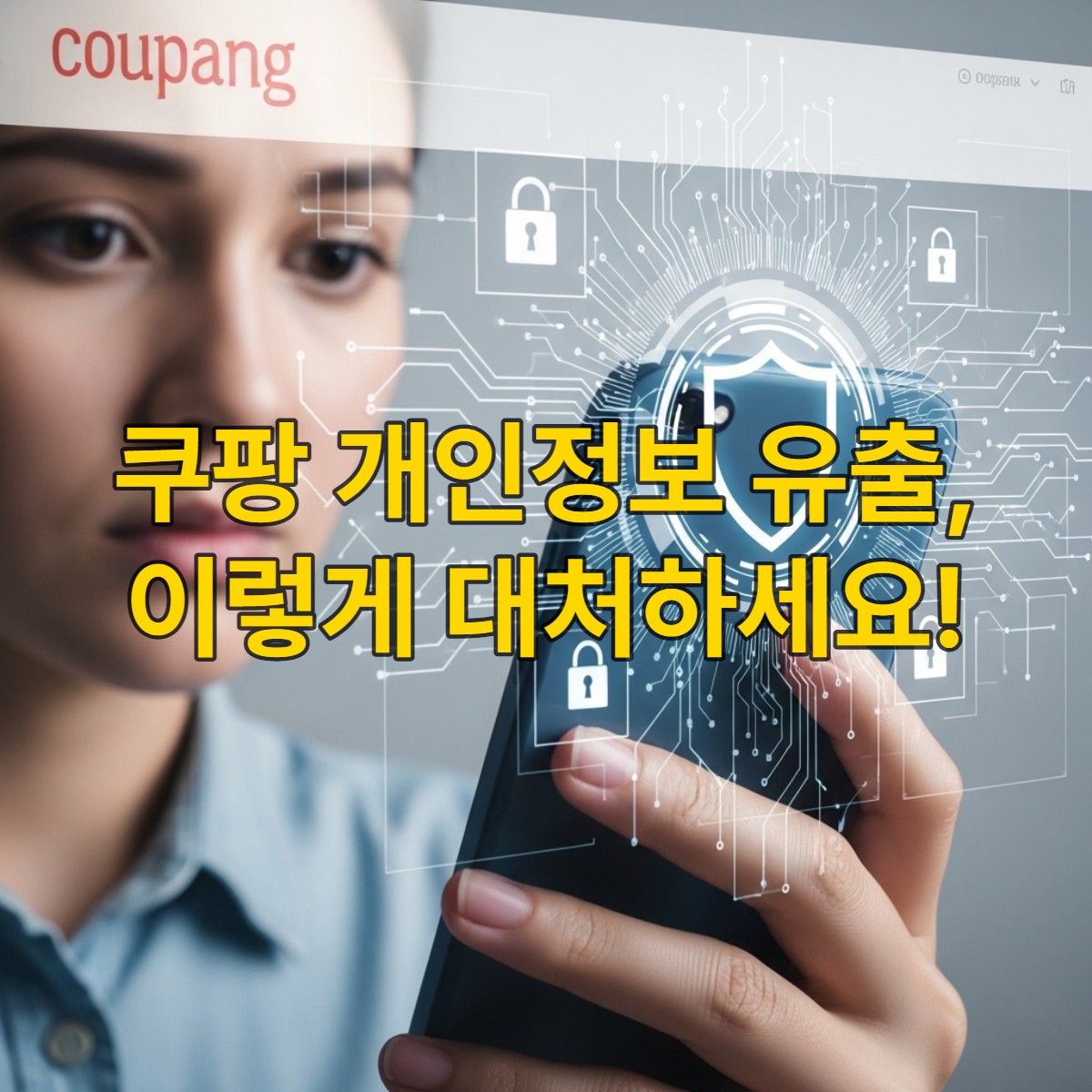 쿠팡 개인정보 유출 사태로 걱정하는 사람이 스마트폰을 보는 모습, 보안 관련 디지털 아이콘들이 겹쳐져 있음.