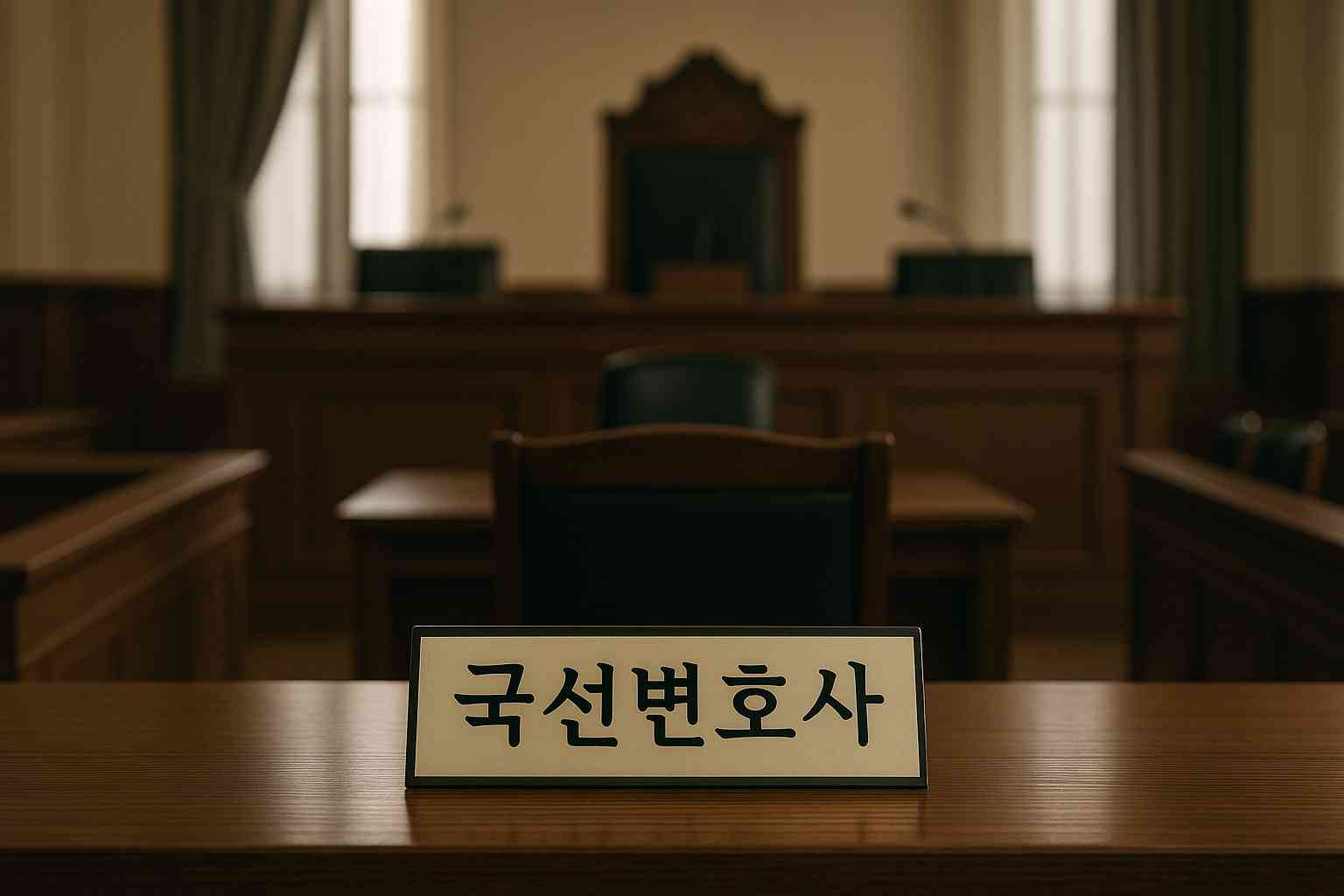 법정 책상 위에 &lsquo;국선변호사&rsquo; 명패가 놓인 장면 &ndash; 국선변호사 수임 상징 이미지