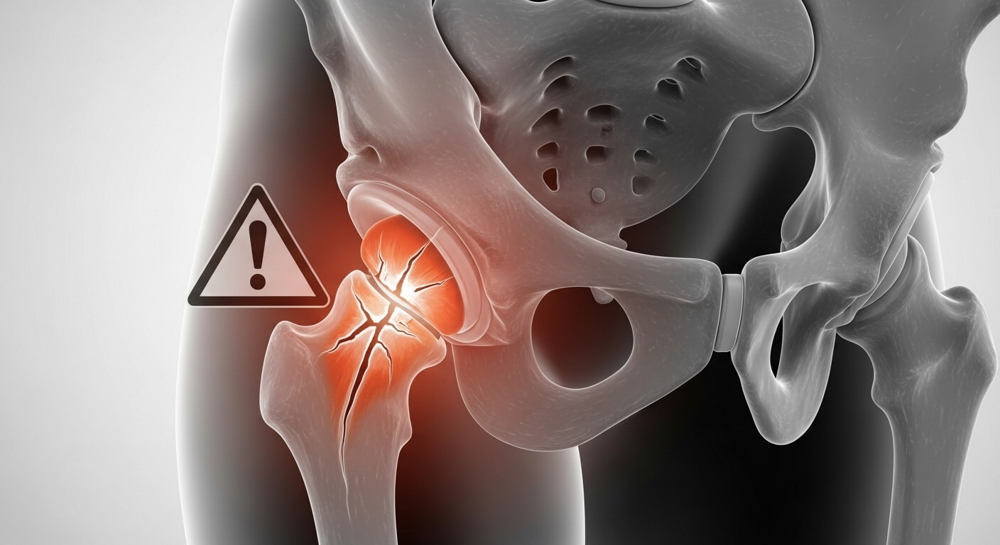 고관절이 금이 가고 빨갛게 표시되어있다