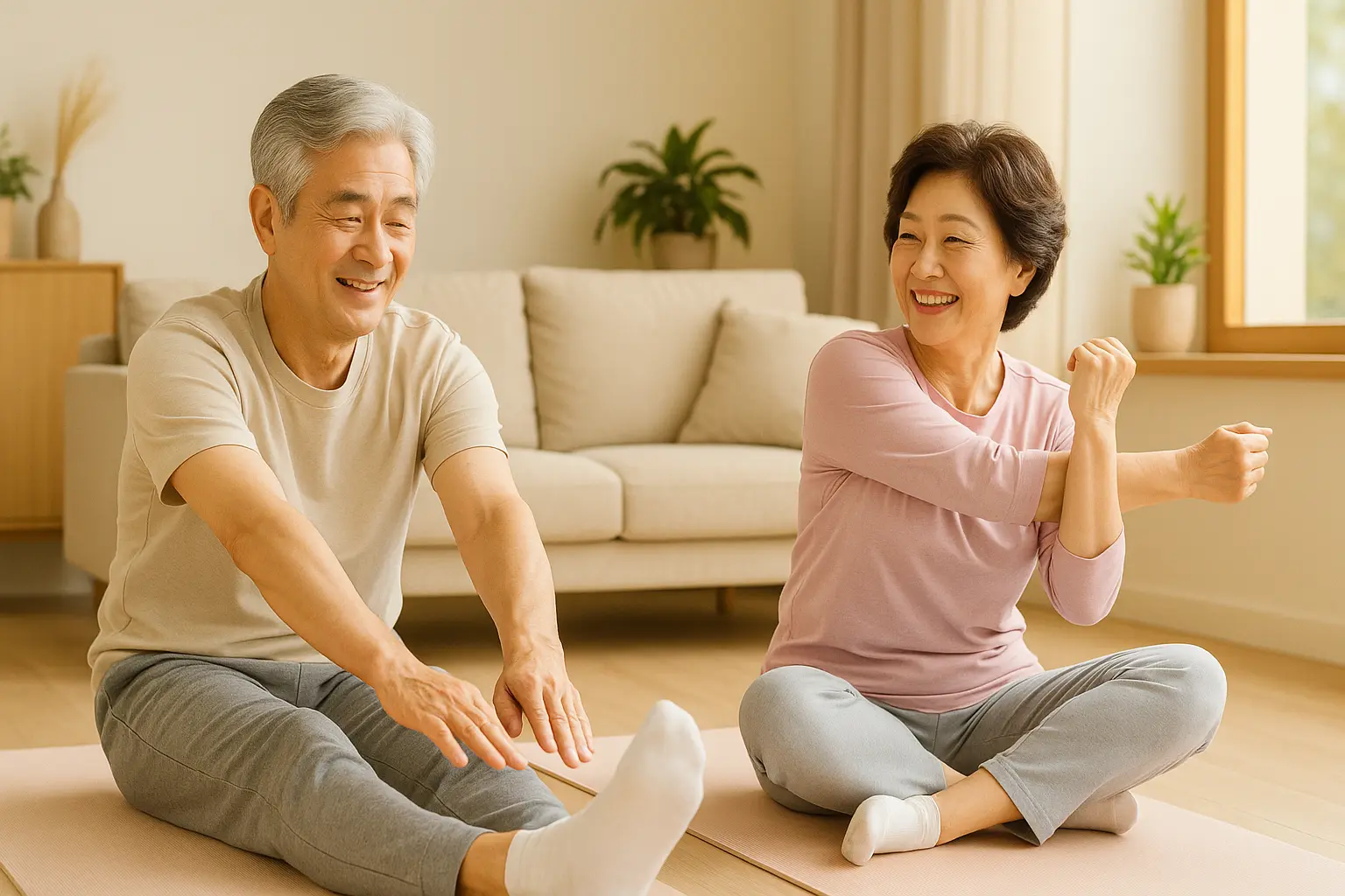아보하 실천법, 5060 무리하지 않는 일상 운동으로 부부가 스트레칭을 하는 장면