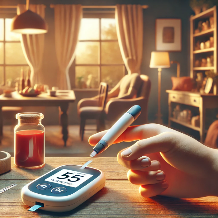 집에서 혈당 측정기로 손가락에서 혈액을 채취하는 사람.