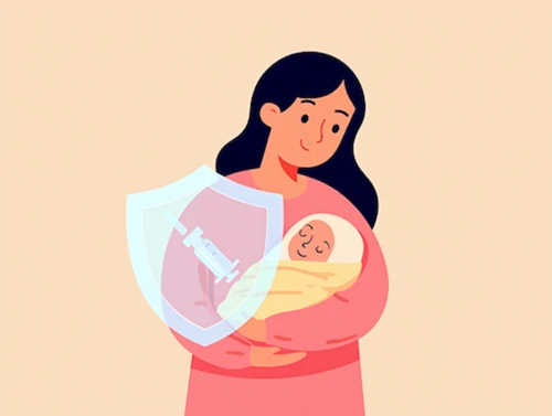 B형 간염 수직감염 예방을 상징하는 엄마와 아기&amp;#44; 보호막 아이콘을 담은 플랫 벡터 일러스트