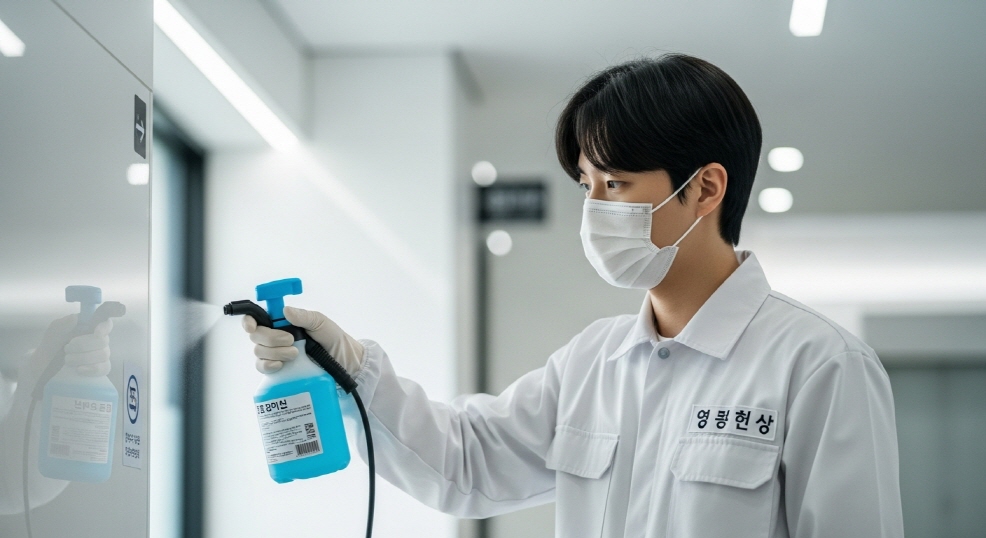 방역사 옷 입고 소독하는 사람