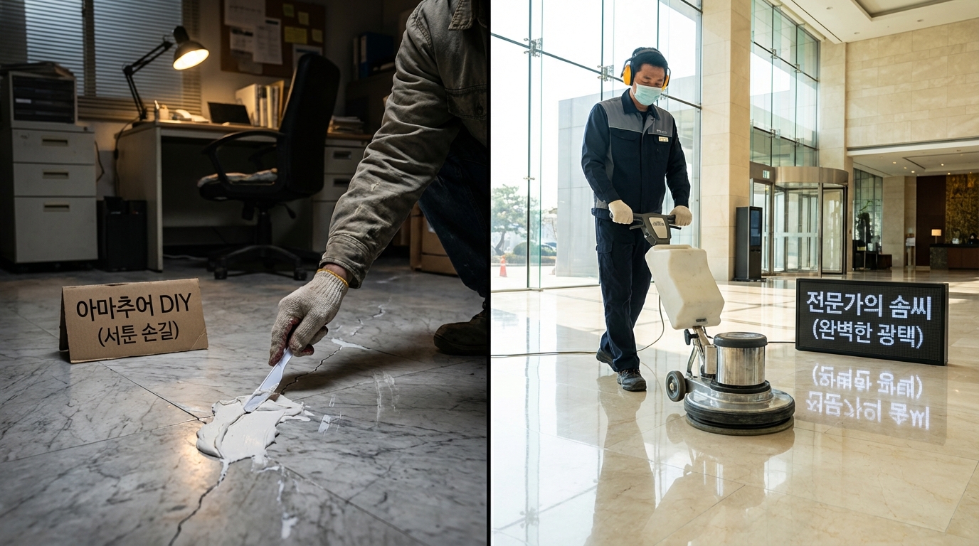 사무실 대리석 바닥 보수 시 아마추어의 어설픈 DIY 작업과 전문가의 정밀 연마 시공 차이를 보여주는 비교 이미지