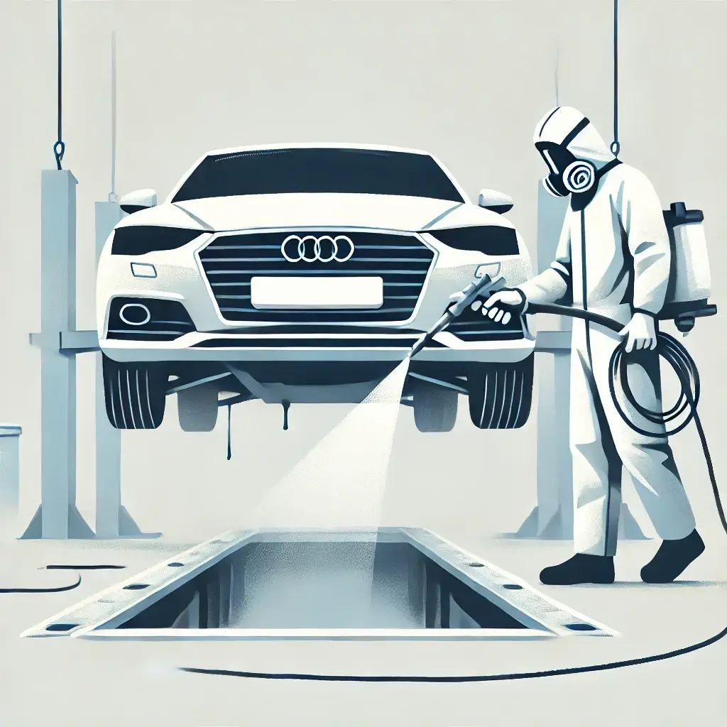 차량 하부에 방청 코팅을 적용하는 정비사의 작업 과정