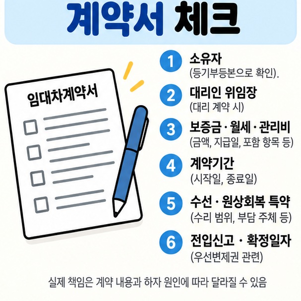 소유자 확인 보증금 월세 계약기간 수선 특약 전입신고 확정일자를 확인하는 임대차계약 체크리스트 이미지
