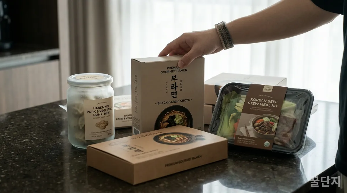 고급스러운 포장의 프리미엄 인스턴트 식품들이 놓인 주방 카운터에 손이 뻗어 있는 모습