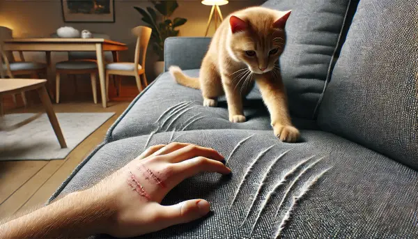 고양이가 소파를 긁고 있으며, 사람의 손에도 긁힌 자국이 남아 있는 모습. 실내에서 자연스럽게 긁는 행동을 하는 고양이의 본능적인 모습이 담긴 이미지.