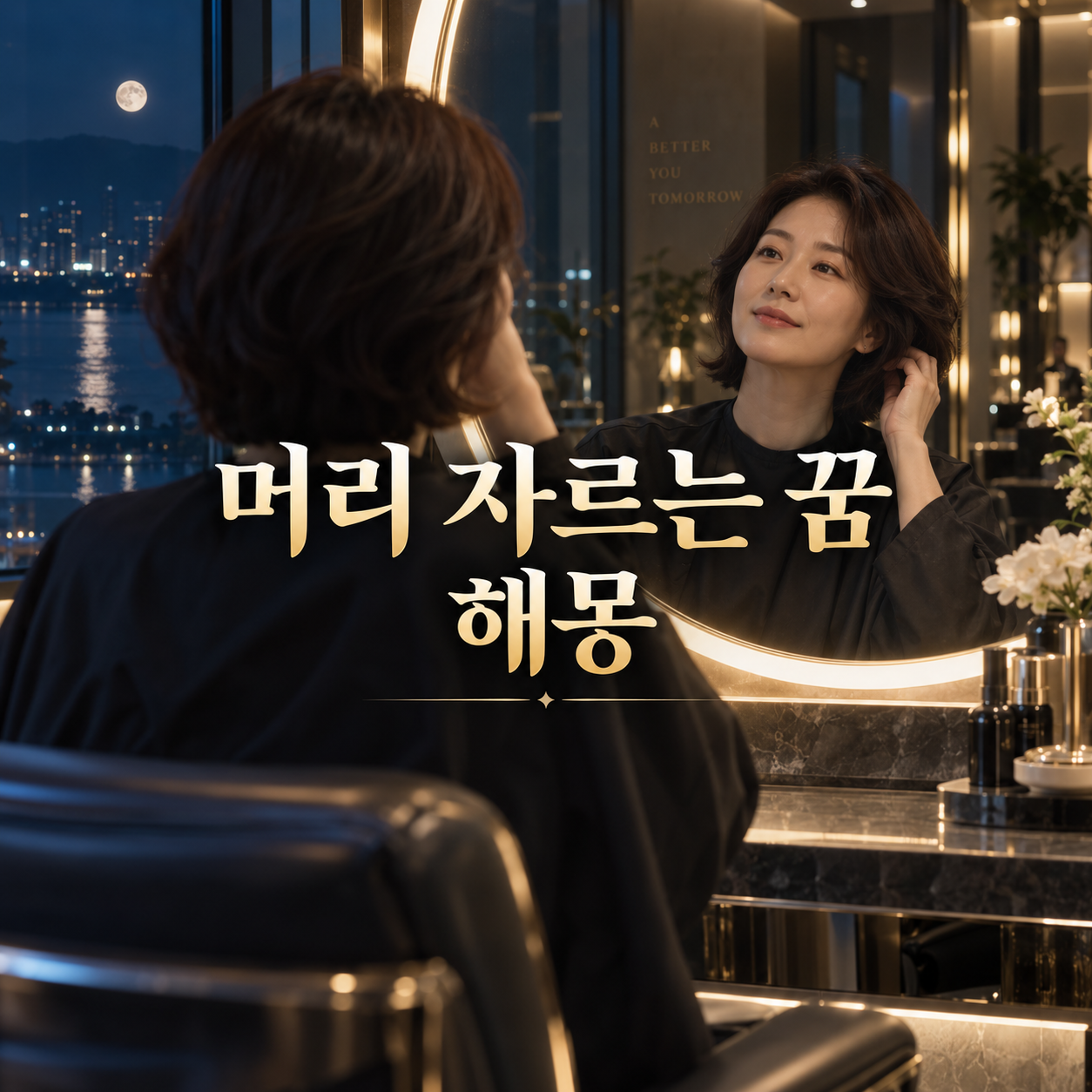 미용실 거울 앞에서 자른 머리를 확인하는 여성의 꿈