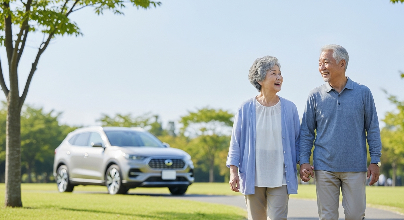활동적인 고령 부부가 공원을 산책하는 모습으로, 안전 운전을 통한 활기찬 노년 생활을 상징합니다.