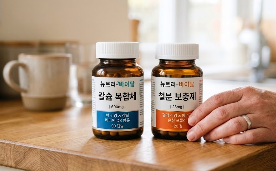 칼슘과 철분 영양제 병이 나란히 놓인 클로즈업 사진, 밝고 선명하며 건강 보조제 이미지