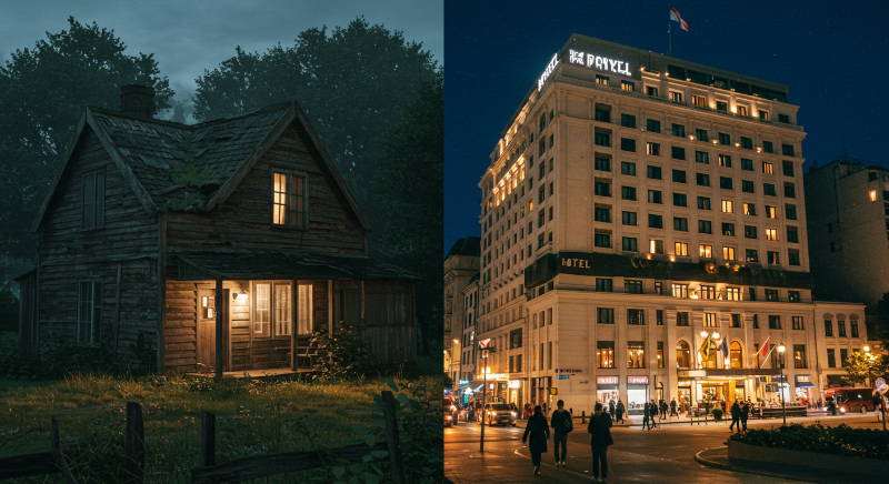 외진 숙소 위치로 지쳐있는 모습과 좋은 위치의 숙소에서 편안함을 느끼는 모습을 대비하여 숙소 위치의 중요성을 강조.