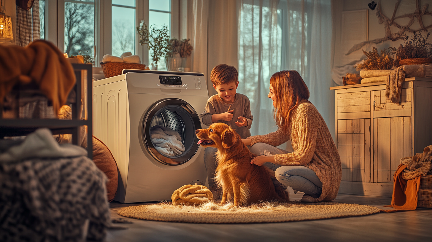 아늑한 세탁실에서 반려견과 함께 삼성 WF21D17CEEC 세탁기의 펫케어 코스를 사용하는 가족, 털과 알러젠 제거 효과가 눈에 띕니다.
