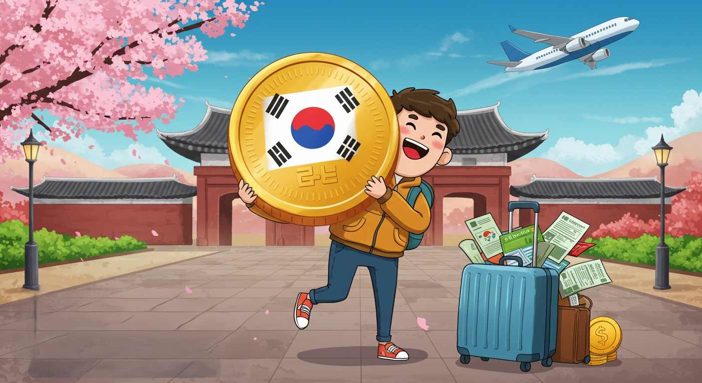 A cartoon-style illustration of a happy foreign worker character dressed in casual travel clothes, holding a giant golden coin stamped with the Korean flag. Behind them is a departing airplane and a suitcase overflowing with documents and money. The setting is Incheon Airport with cherry blossoms and a traditional Korean gate in the background. The character is jumping with joy, symbolizing a successful refund before leaving Korea.