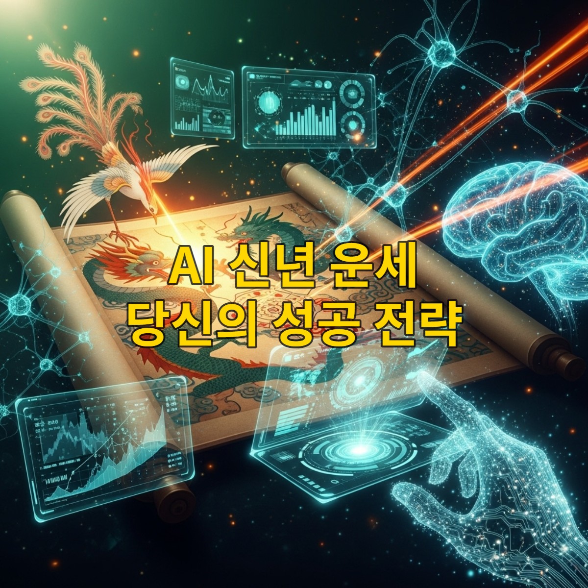 2025년 신년 운세를 AI가 분석하여 미래를 예측하는 모습을 담은 신비로운 이미지