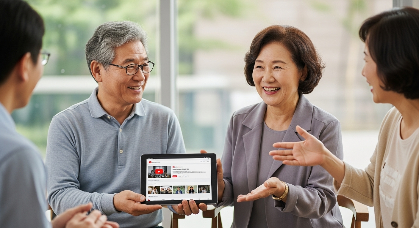 유튜브 채널을 지인들에게 소개하며 즐겁게 소통하는 60대 한국인 시니어 부부