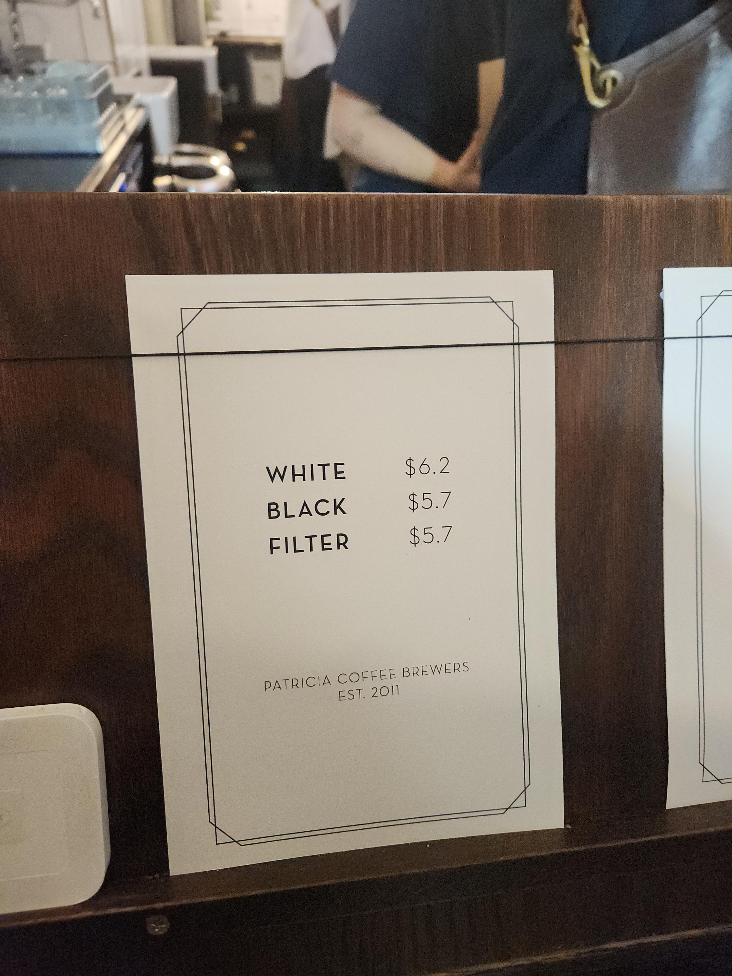 패트리샤 커피 브루어스(Patricia Coffee Brewers): 멜버른 커피 성지_메뉴판