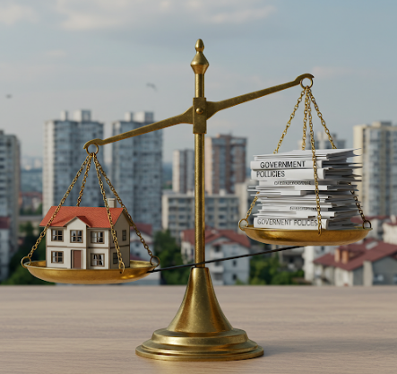 청약제도를 영향을 저울로 표현한 그림