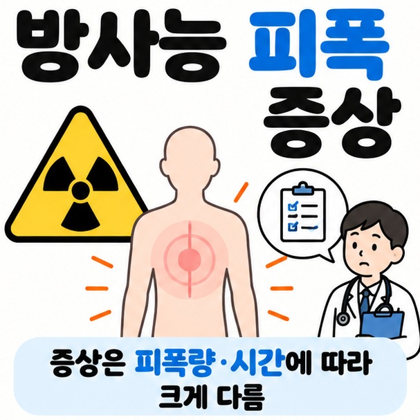 방사선 경고표지와 인체 실루엣을 중심으로 방사능 피폭 증상 문구를 보여주는 차분한 건강정보 카드뉴스 이미지