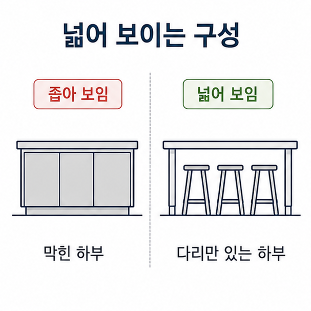 아일랜드 하부 구성 비교, 막힌 형태와 다리만 있는 형태의 개방감 차이를 나란히 그린 도해