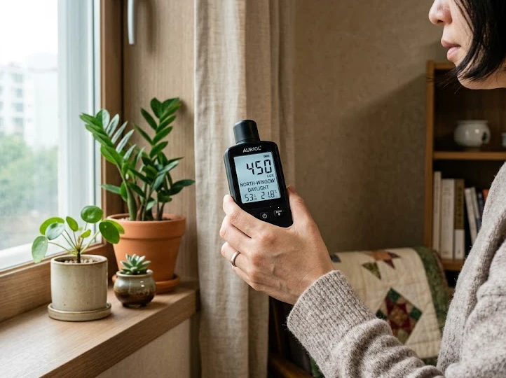 북향 아파트 창가에서 조도계를 들고 럭스(Lux) 수치를 측정하며 식물 배치를 고민하는 모습