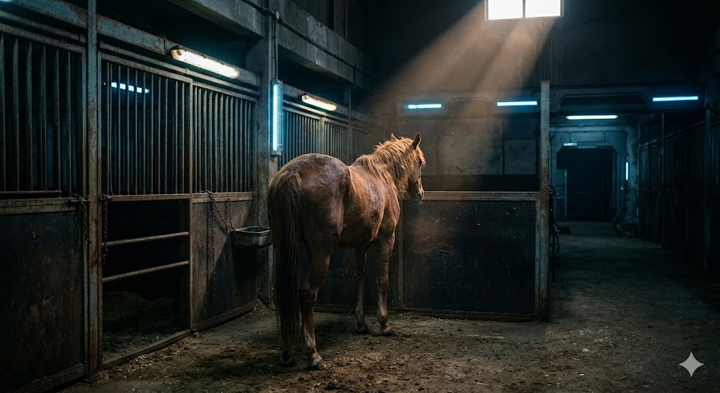 A lonely old racehorse standing alone in a dark stable from behind, representing the pain of discarded lives.