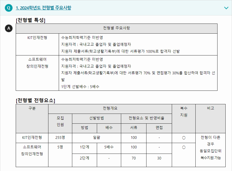 2024학년도 금오공과대학교 학생부종합전형 전형별 주요사항