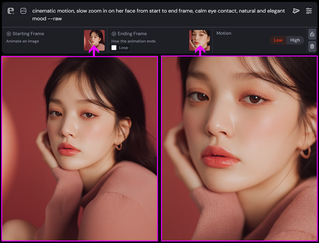 시작/종료 프레임으로 사용할 이미지를 각각 지정하는 Midjourney 화면_Midjourney