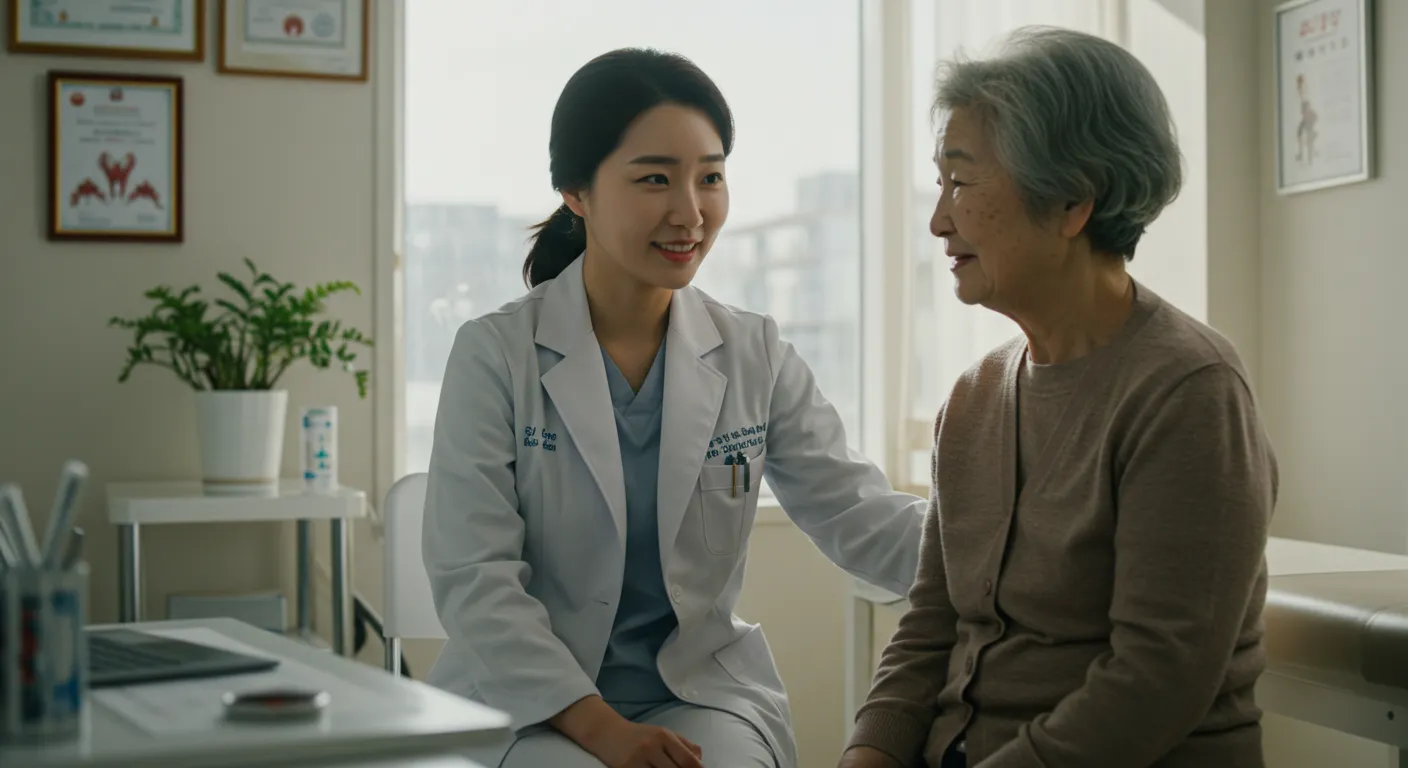 &quot;의사가 65세 이상 어르신에게 폐렴구균 무료 예방접종에 대해 친절하게 설명하는 모습&quot;