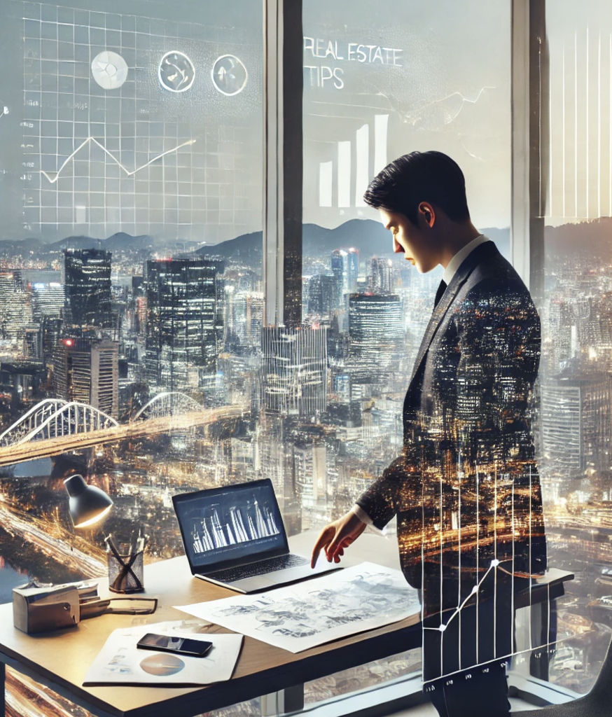 부동산 차트와 지도를 분석하며 투자 전략을 세우는 모습