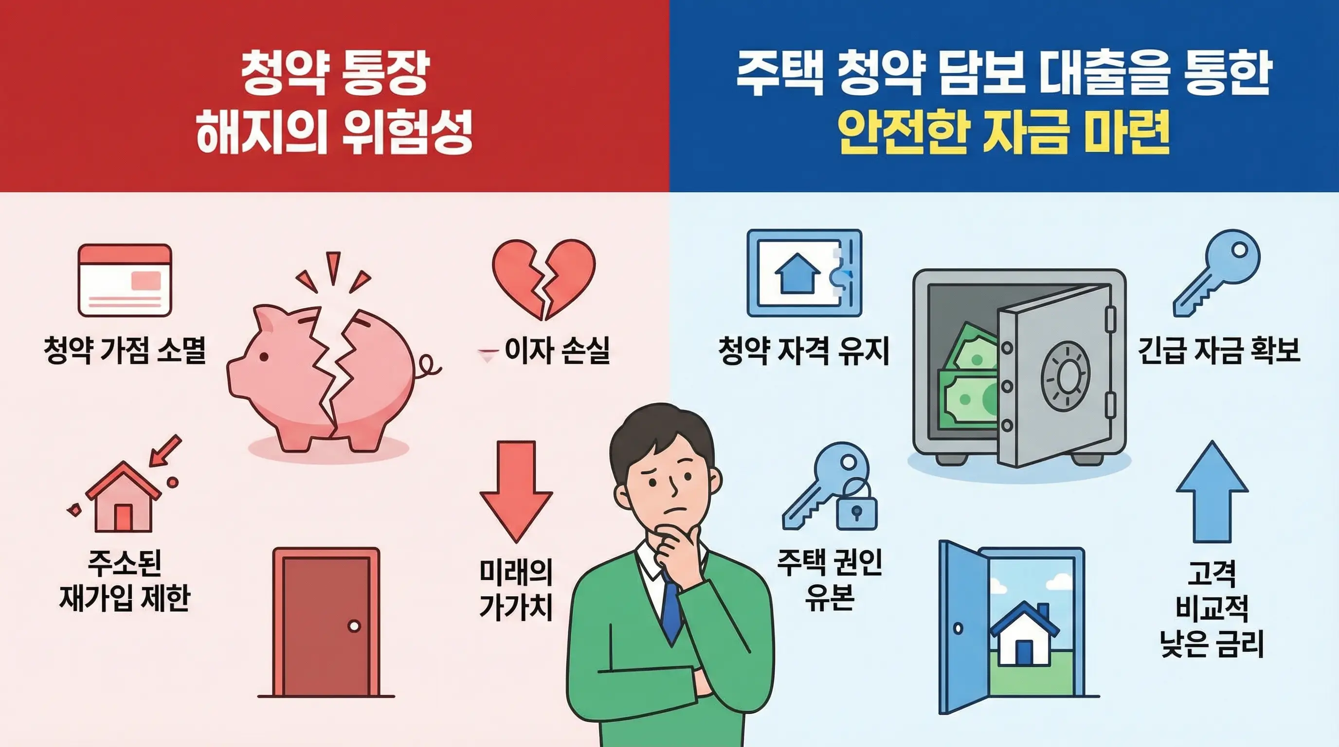 청약 통장 해지의 위험성과 주택 청약 담보 대출을 통한 안전한 자금 마련 방법을 비교하는 인포그래픽