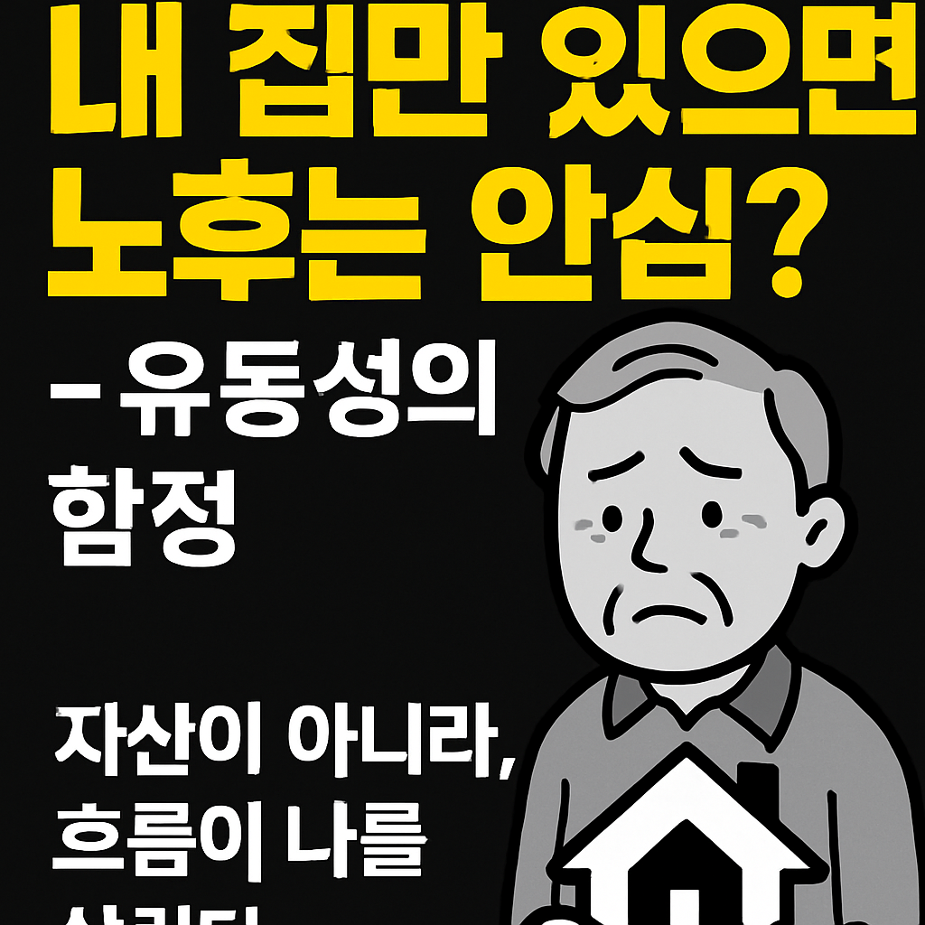 내 집만으로 노후가 안심되지 않는 이유를 경고하는 한국어 썸네일 이미지. 검은 배경에 노란색 텍스트로 &lsquo;내 집이면 안심? 유동성 착각&rsquo;이라는 문구가 강조되어 있으며, 자산의 흐름과 구조 문제를 시각적으로 표현한 디자인.