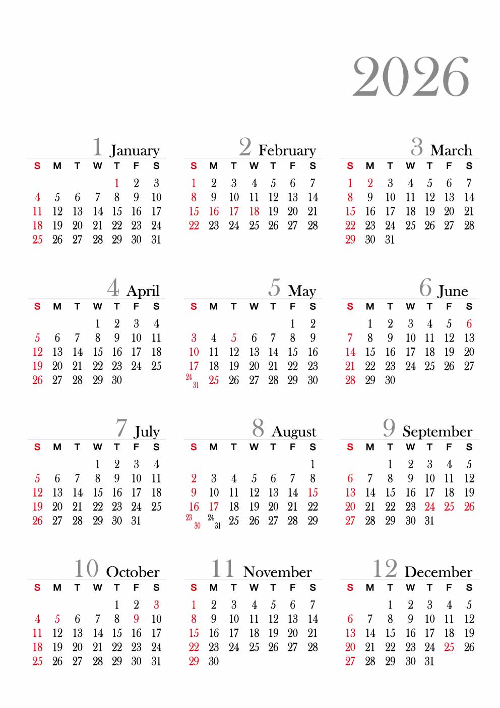 2026년 달력 세로 스타일 3x4 jpg 이미지