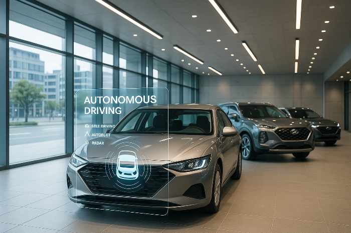 한국 자동차 매장에서 자율주행 기능 안내 패널이 표시된 차량 전시 이미지